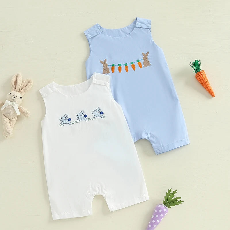 Infant Easter  Adorable Sleeveless Round Neck Rabbit Embroidered Loose Fit Romper Baby Jumpsuit Toddler Outfit for Spring