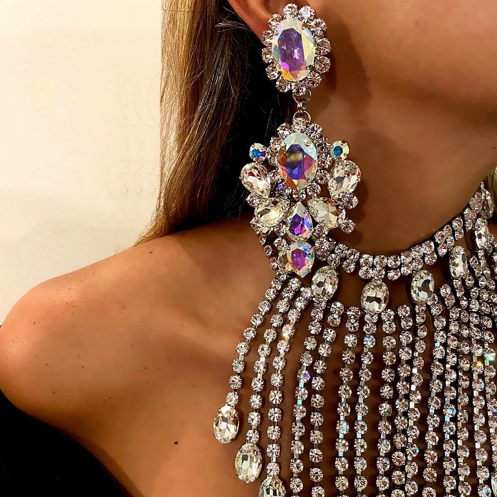 Stonefans Geometry Rhinestone Water Drop Earrings Large for Women 2023 Trending Statement Crystal Stud Earrings Piercing Jewelry