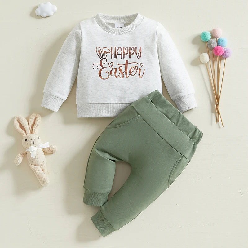 Adorable Infant Easter Clothing Set with Cute Bunny Print Long Sleeve Top and Matching Pants for Baby Boys and Girls