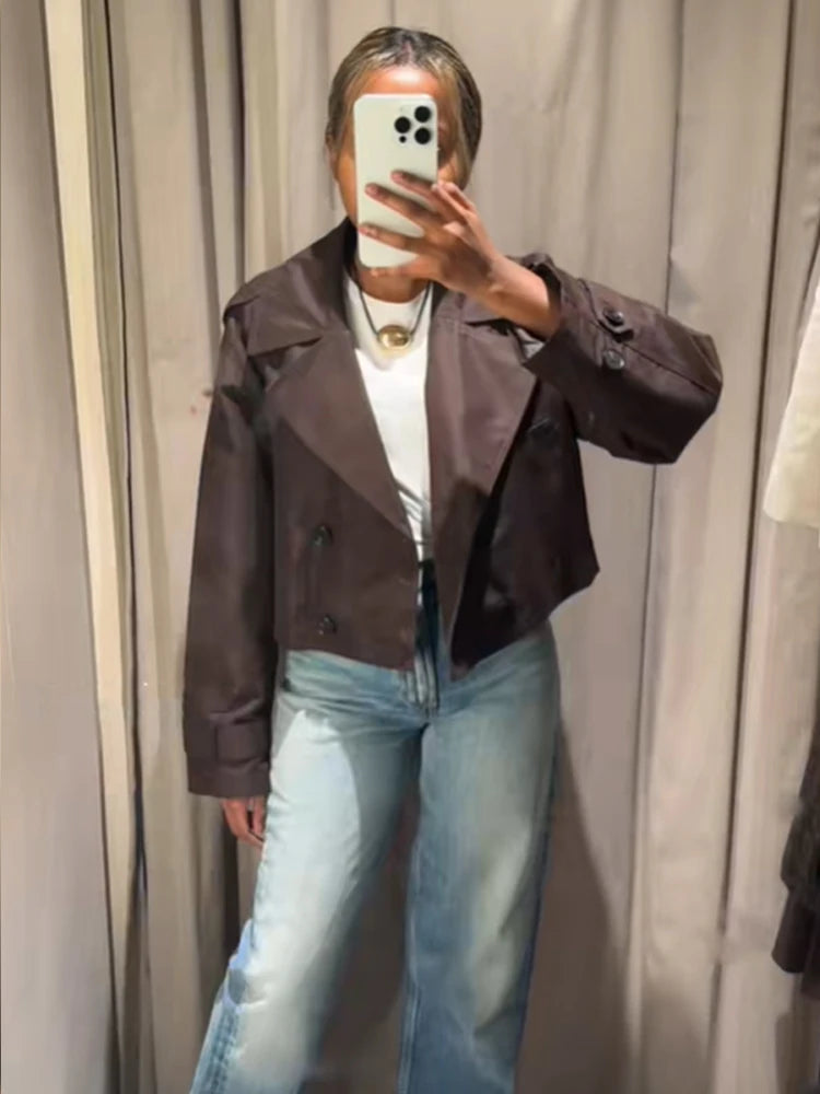 Solid Double-breasted Short Windbreaker Women Fashion Lapel Long Sleeve Slim Thin Jackets 2025 Autumn Female High Street Outwear