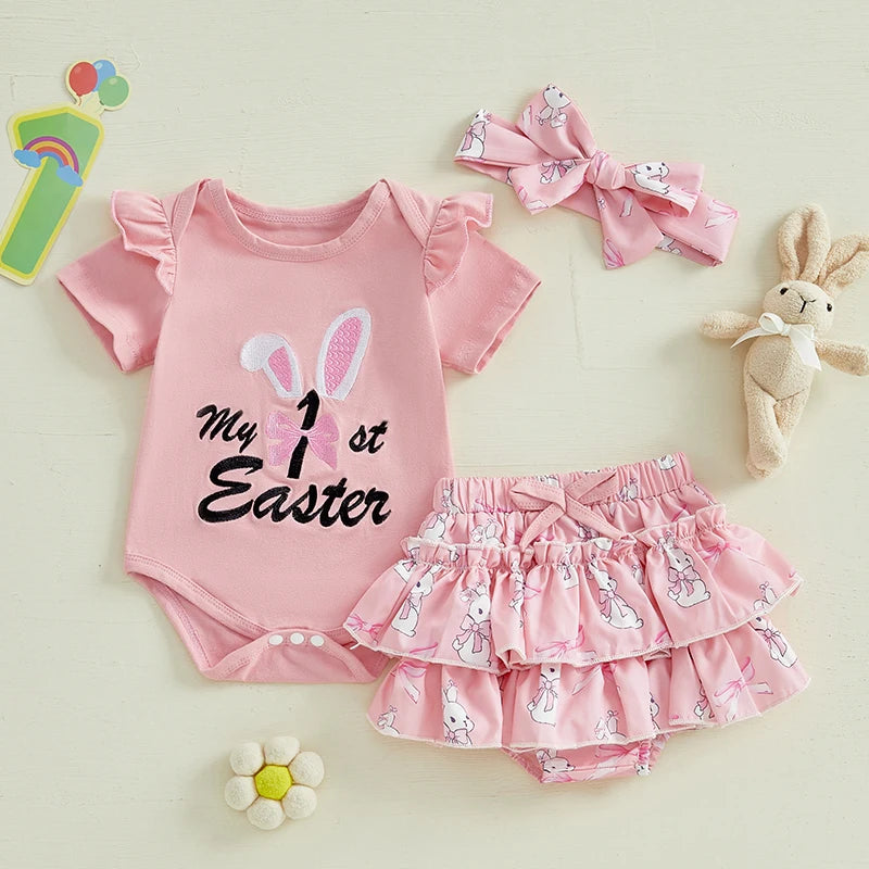 Adorable Toddler Easter Dress Floral Print Sleeveless Romper Ruffle Shorts Headband 3-Piece Outfit Set for Baby Girls