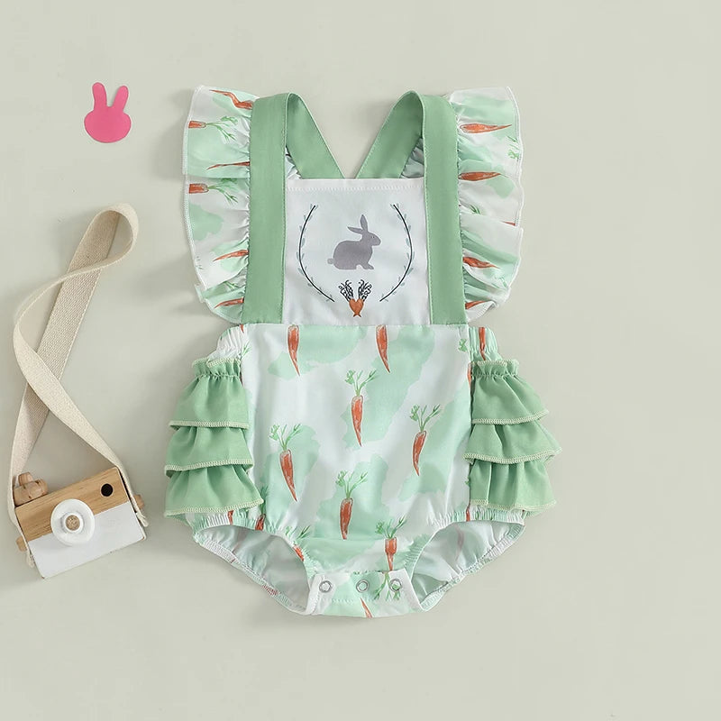 Adorable Infant Easter Jumpsuit with Cute Bunny and Carrot Print Sleeveless Ruffle Square Neck Baby Girl Outfit for Newborns