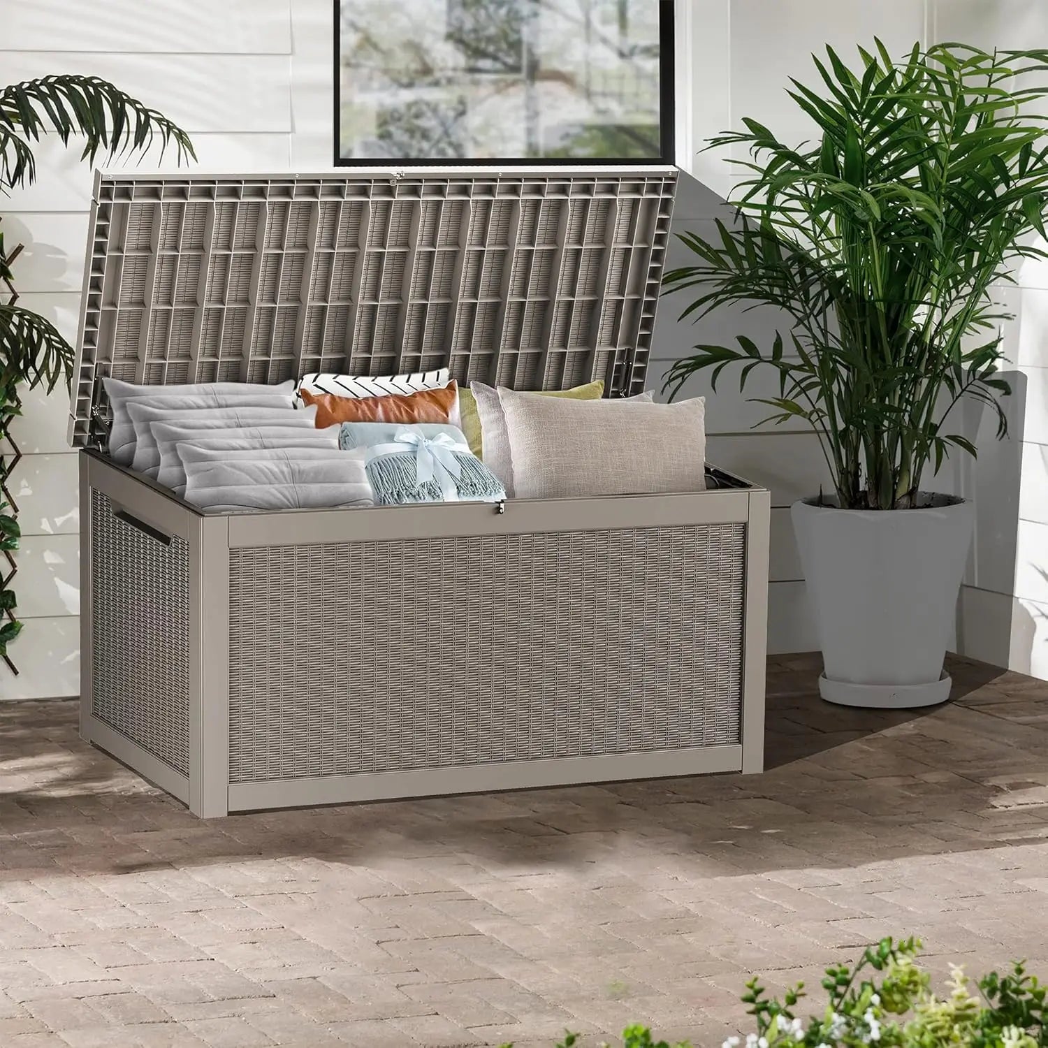 320 Gallon Lockable Resin Deck Box, Waterproof & UV-Resistant Outdoor Storage Box for Outdoor Cushion Storage, Customized
