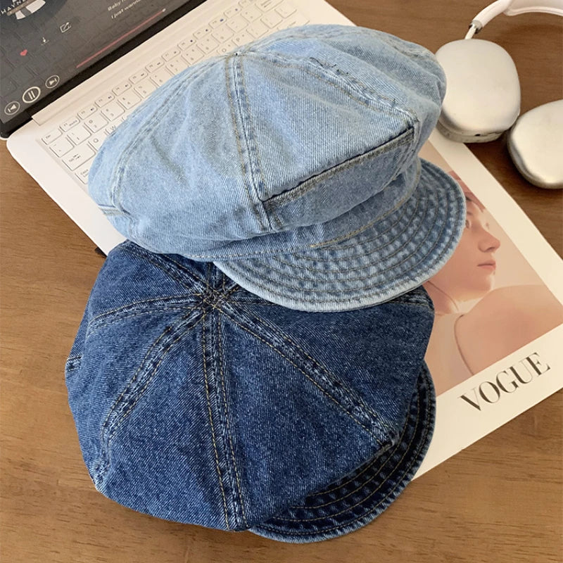 Japanese Retro Denim Cloud Berets Cap for Women Spring and Summer Casual Versatile Simple Literary Style Octagonal Newsboy Hat