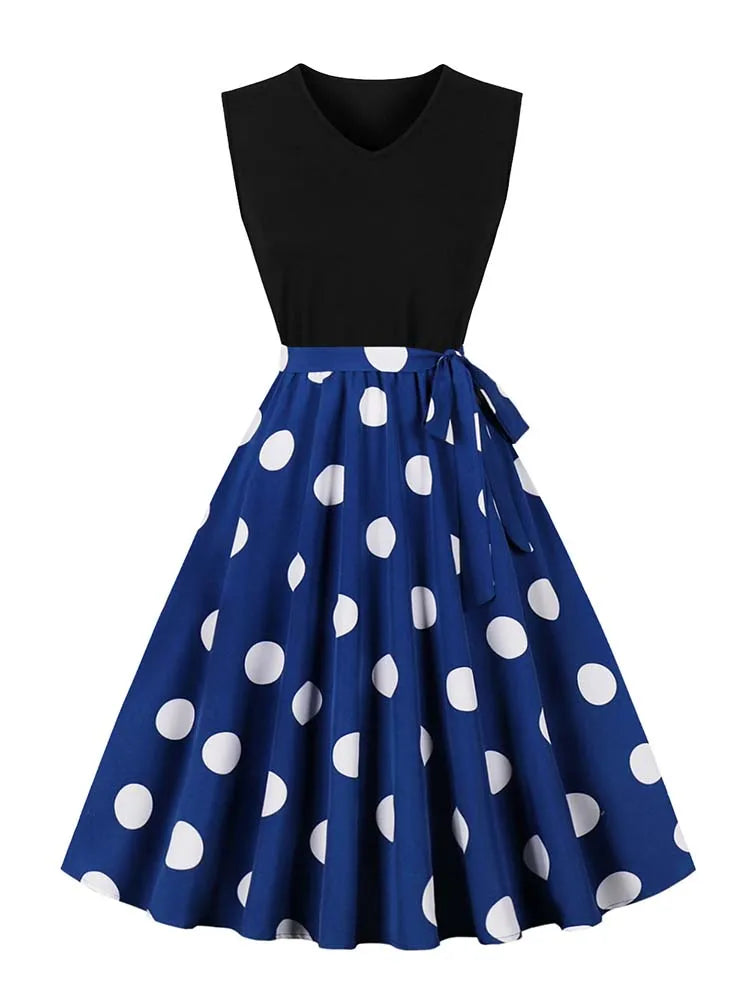 Retro Vintage Women's Summer Dress V-Neck Sleeveless High Waist Chic Floral Print with Belt 50s Style