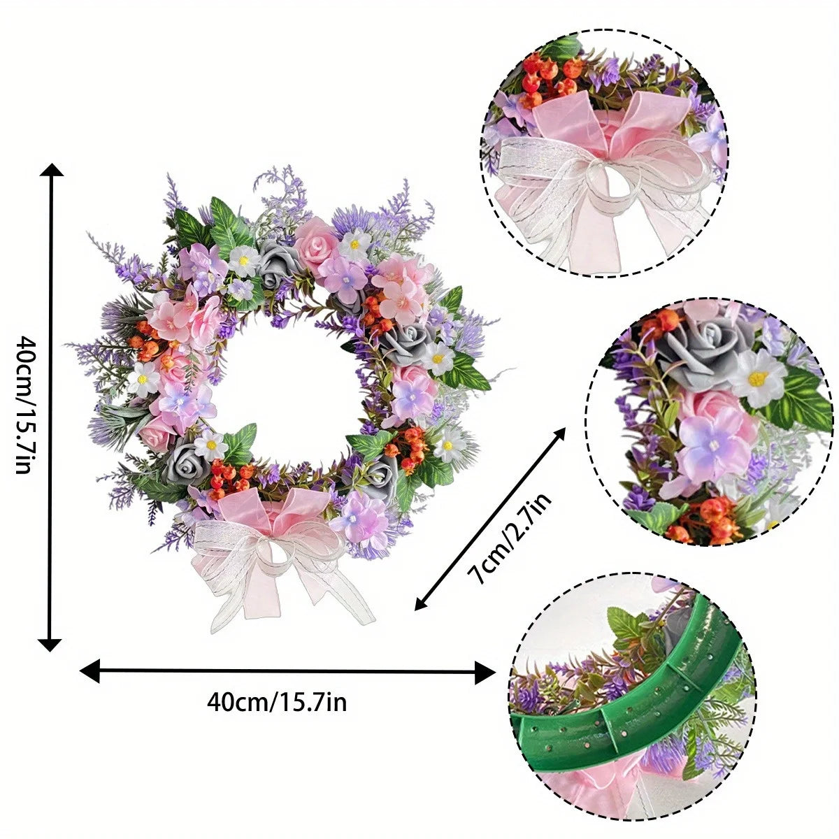 Spring Rose Daisy Wreath, 15.7in Spring Summer Bow Artificial Wreath for Front Door Easter Spring Wreath Home Wall