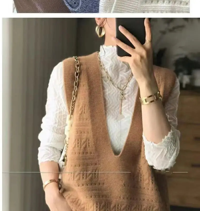 V-Neck Hollowed Out 100% Wool Knitted Vest For Women In AutumnWinter Loose Solid Color Korean Fashion Pullover Sweater Vest Top