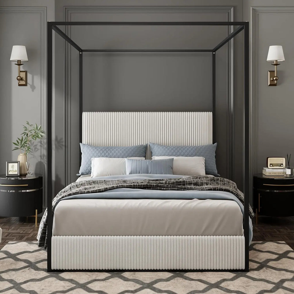King Size Canopy Bed Frame, 4 Poster Metal Canopy Bed with Tall Upholstered Headboard, Corduroy Platform Bed, No Box Spring Need