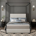 King Size Canopy Bed Frame, 4 Poster Metal Canopy Bed with Tall Upholstered Headboard, Corduroy Platform Bed, No Box Spring Need