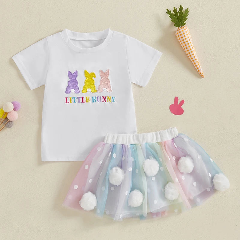 Adorable Baby Girl Easter Outfit with Bunny Embroidery and Polka Dot Tulle Skirt - 2 Piece Set for Spring Celebrations