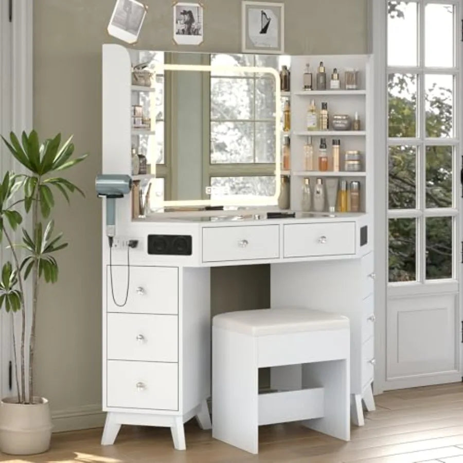Corner Vanity Desk with Speaker 8 Drawers and 6 Shelves Modern Vanity with Mirror and Lights Makeup Vanity with Glass Top 3 Col