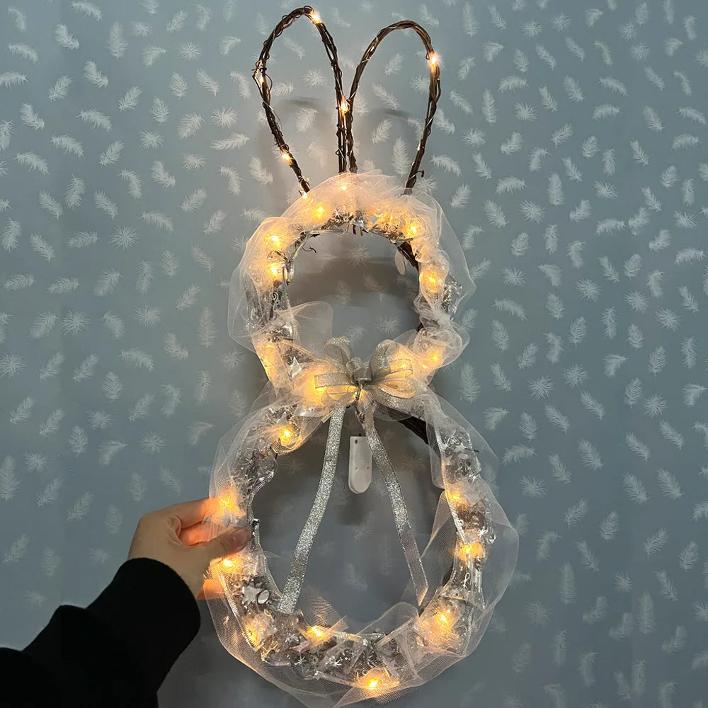 23.6in Large Easter Bunny Wreath with Led Lights, Battery-Powered, Foldable, Glowing Rabbit Wreath Pendant for Easter