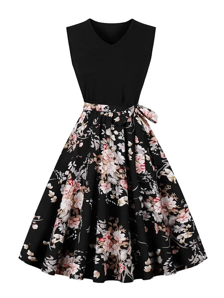 Retro Vintage Women's Summer Dress V-Neck Sleeveless High Waist Chic Floral Print with Belt 50s Style