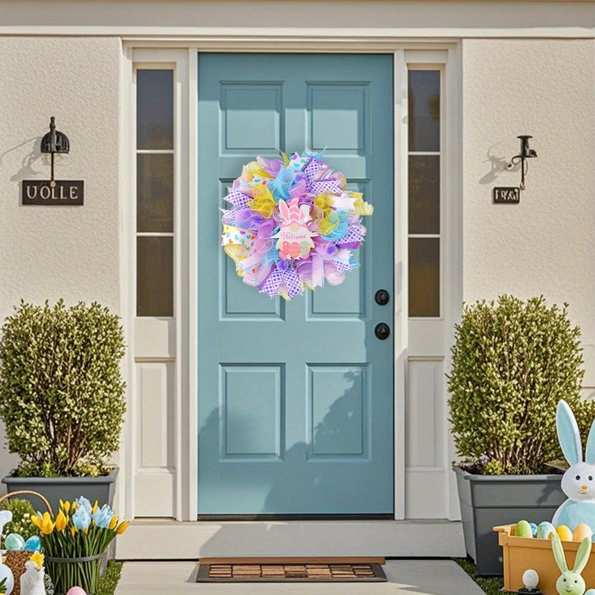 Easter Dwarf Rabbit Mesh Wreath, 15.7in Artificial Easter Gnome Door Hanging Wreath, Colorful Easter Bunny Welcome