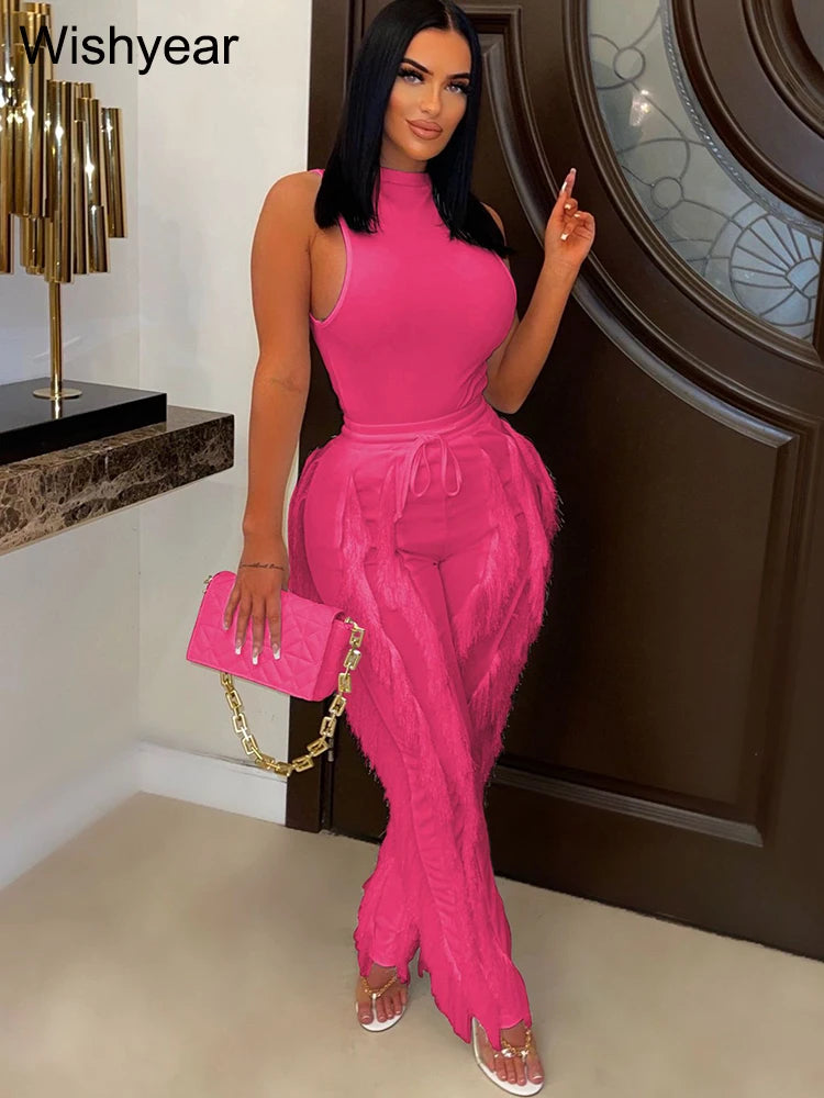 Fashion Sleeveless Top and Drawstring High Waist Fringed Straight Pants Tassel Two Piece Sets Women Streetwear Autumn Tracksuit