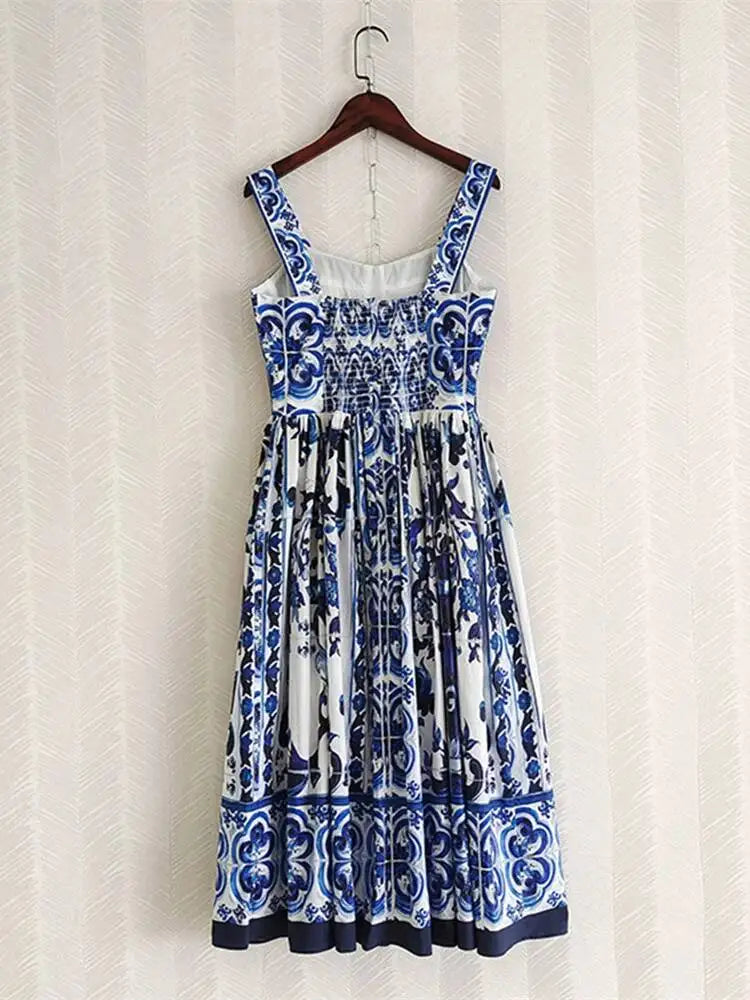 JAMERARY Summer Blue And White Porcelain Flower Printing Floral Long Dress Women Straps Zipper Elastic Backless Midi Vestidos
