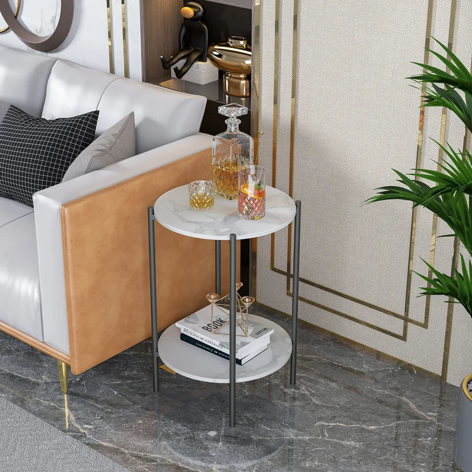 LUVODI 2-Tier Round Coffee End Tables Sofa Side Table Plant Stand with Storage Shelf Metal Frame for Living Room Bedroom
