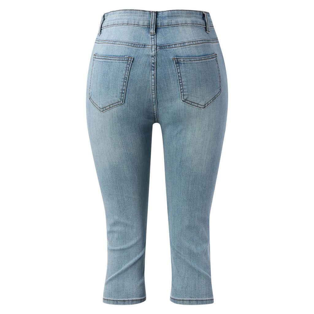 Women Casual Jean Pants Simple Fashion Ripped Make Old High Waist Belt Slim Fit Look Thin Cropped Jeans Trousers With Pocket