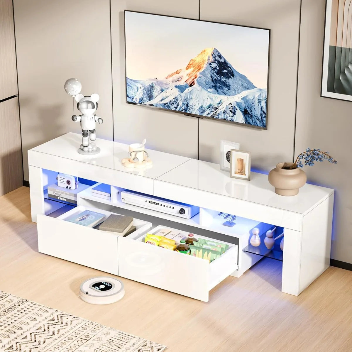 VINGLI LED TV Stand, 63'' High Glossy Modern Entertainment Center with LED Lights and Storage for 55/60/65/70 Inch TV - White