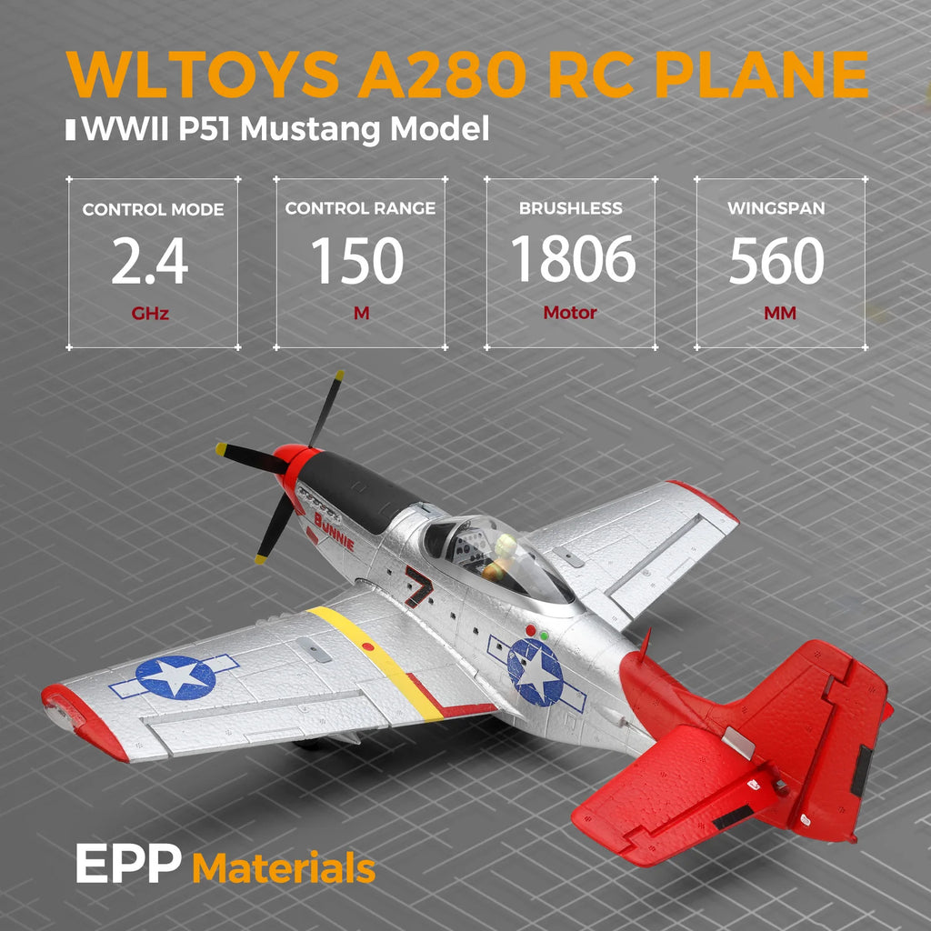 WLtoys XK A280 RC plane,P51 Mustang 4-CH RC Airplane with Lights,6G/3D Brushless Remote Control Airplane,Suitable for adults