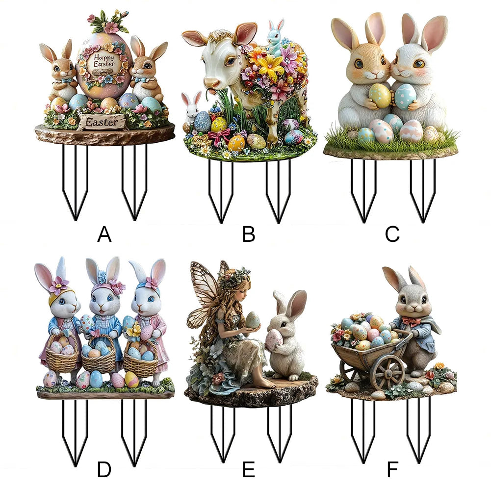 Easter Bunny Garden Stake Acrylic Easter Yard Sign 2D Flat Easter Rabbit Garden Signs for Easter Decorations