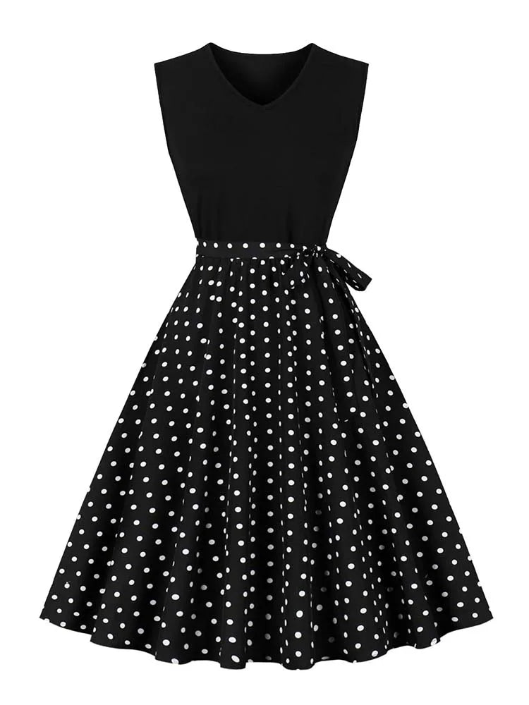 Retro Vintage Women's Summer Dress V-Neck Sleeveless High Waist Chic Floral Print with Belt 50s Style