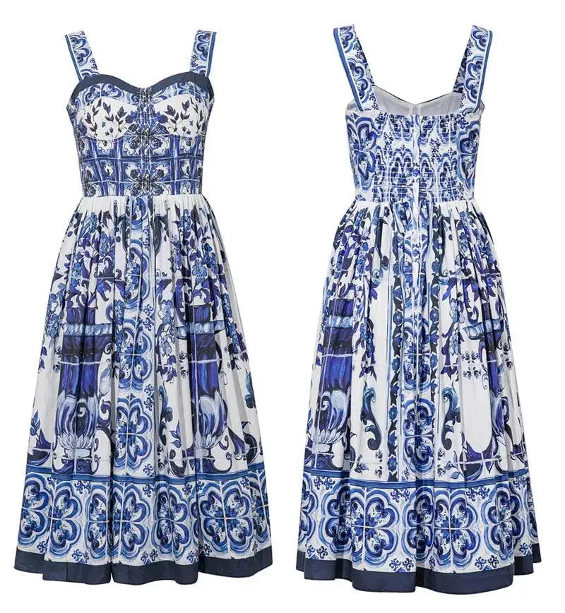 JAMERARY Summer Blue And White Porcelain Flower Printing Floral Long Dress Women Straps Zipper Elastic Backless Midi Vestidos