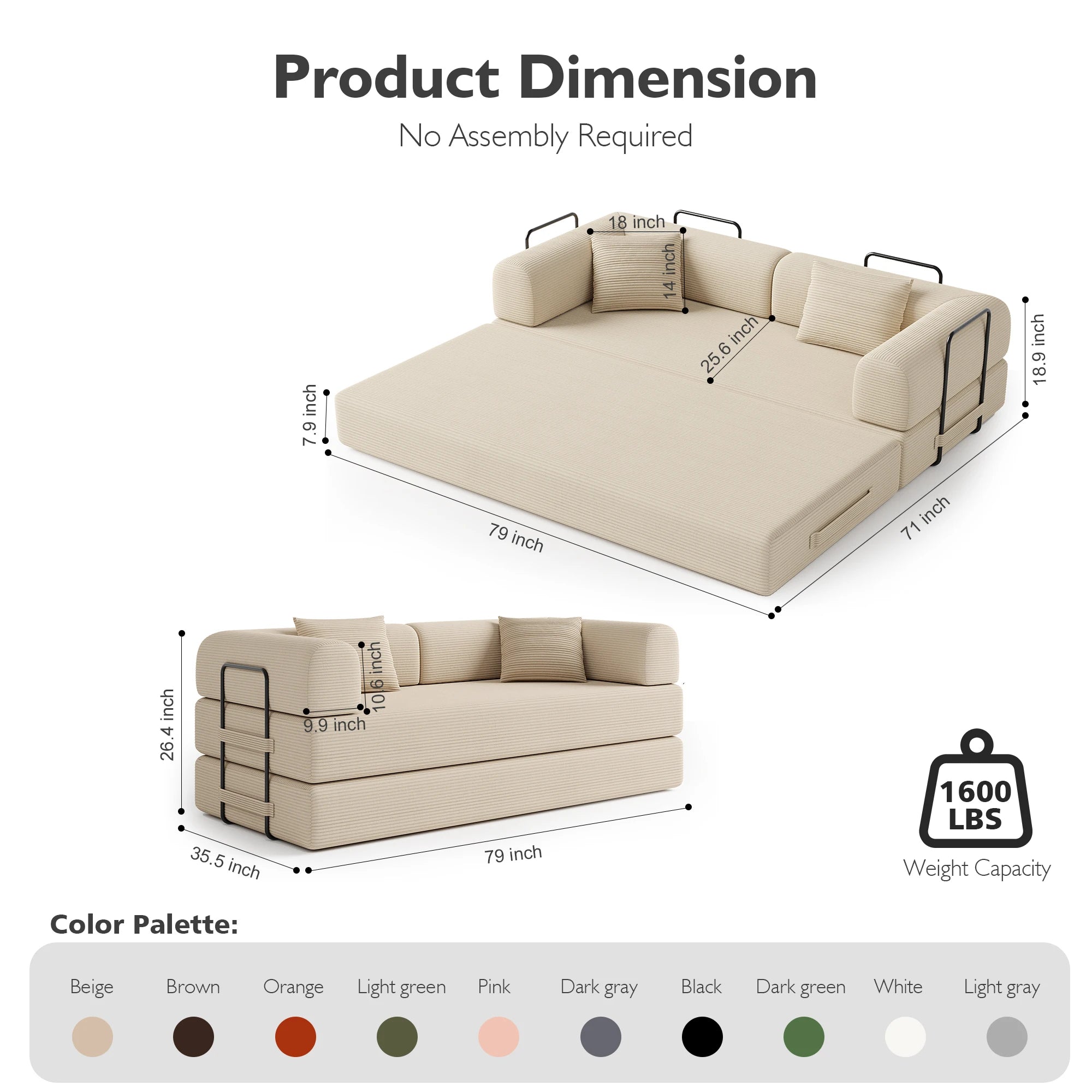 Convertible Floor Sofa Bed with Fixed-Shape Frame,  5-in-1 DIY Combination Modular Sofa,  for Living Room Bedroom Playroom