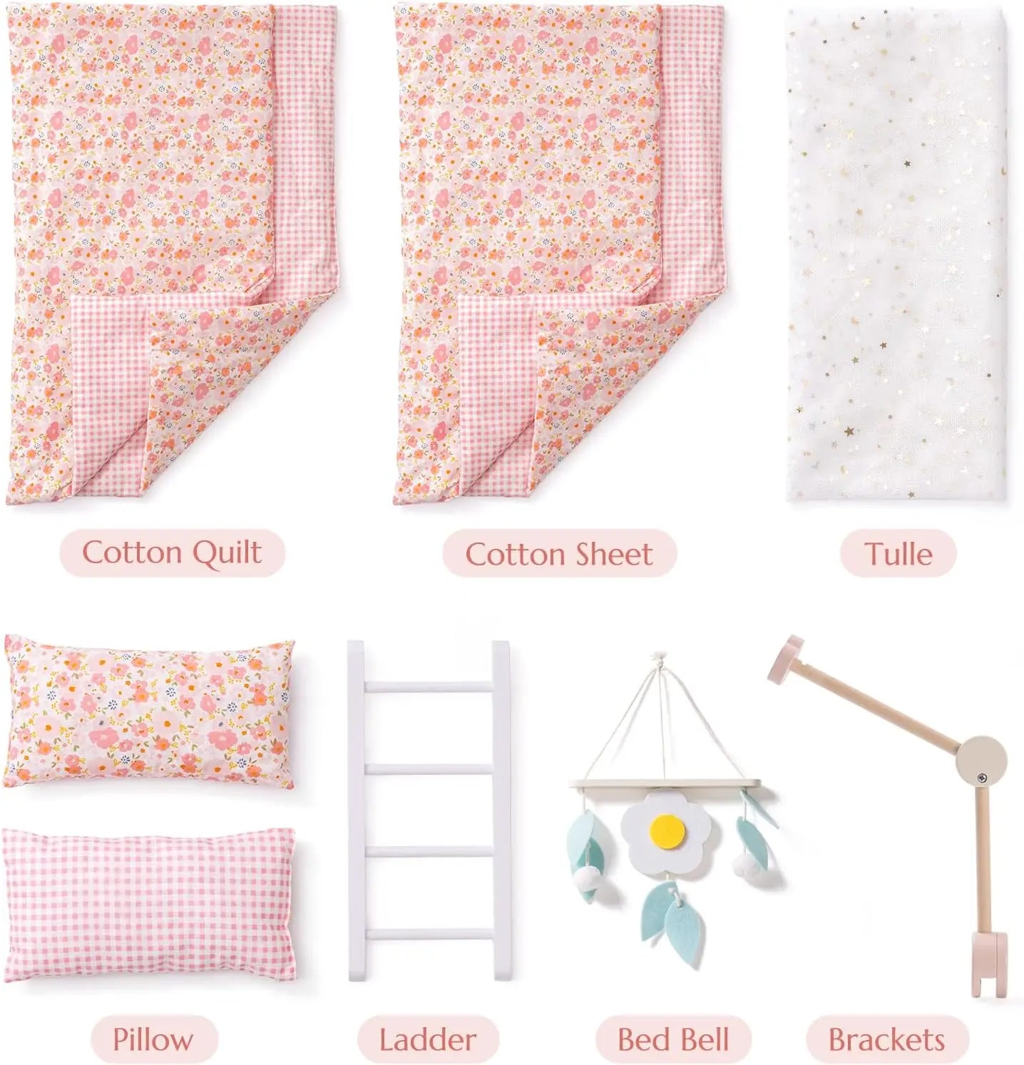 Robotime Robud Baby Doll Bunk Beds for 18 inch Dolls American Girl Doll Furniture Toy with Bedding Pink Wood 2pcs Beds