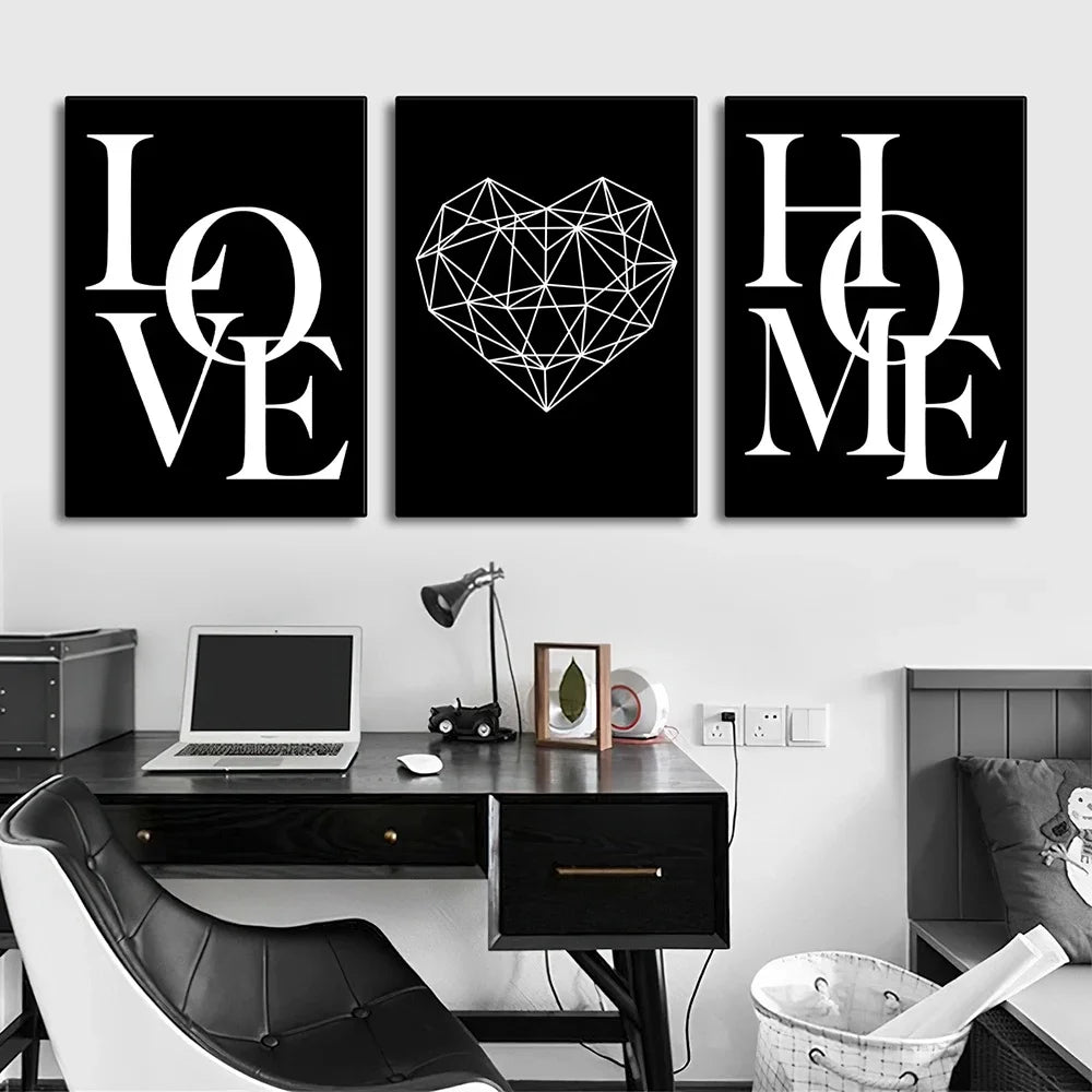 3pcs Love Home Diamond Heart Letter Canvas Prints Nordic Modern Living Room Wall Art Black White Decorative Paintings Home Decor