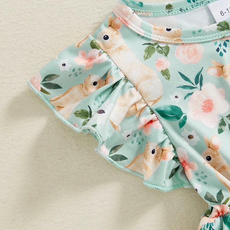 Baby Girl Easter Outfit Pink Floral Print Ruffle Sleeve Round Neck A-Line Dress for Spring and Summer Celebrations