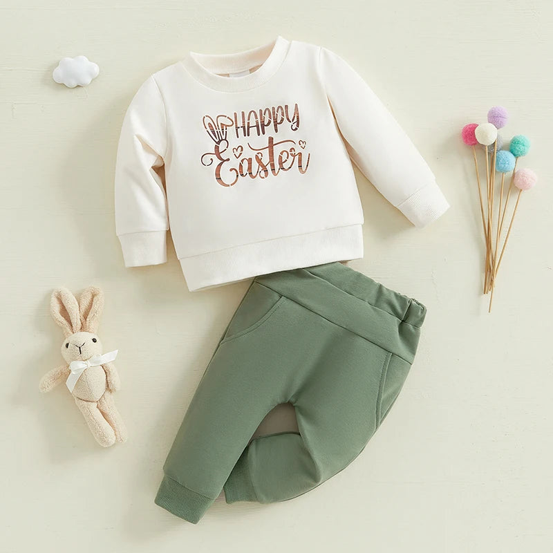 Adorable Infant Easter Clothing Set with Cute Bunny Print Long Sleeve Top and Matching Pants for Baby Boys and Girls