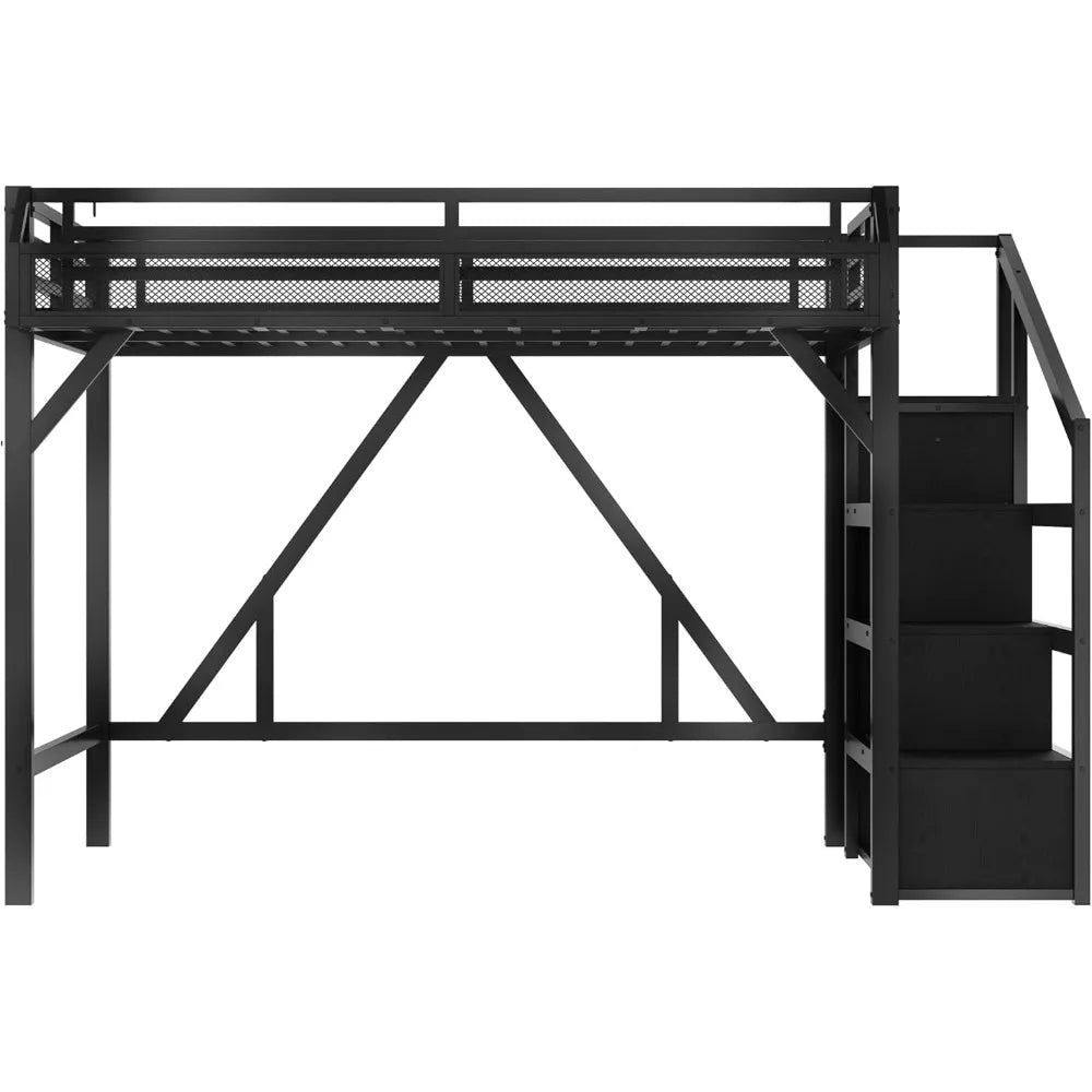 Queen Loft Bed with Storage Stairs, USB Ports & LED Lights - Black Woodgrain Metal Frame
