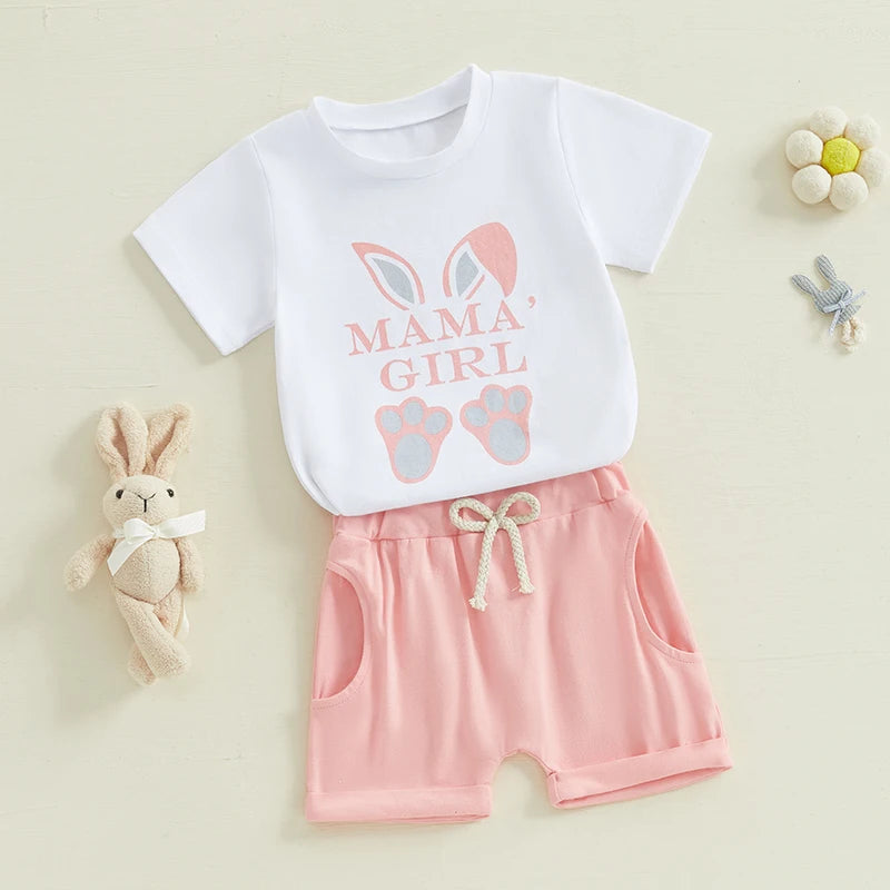 Easter Bunny Romper Set with Rabbit Print Short Sleeve Round Neck Bodysuit and Elastic Waistband Shorts for Infant Boys and