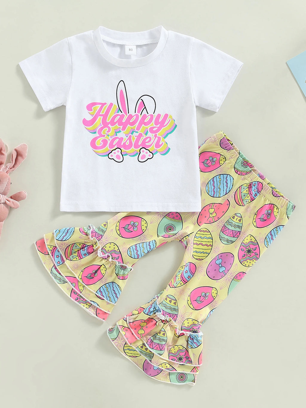 Easter Outfits Set Bunny Print Short Sleeve T-Shirts and Carrot Print Pants 2Pcs Sets for Toddler Kids Easter Party Wear