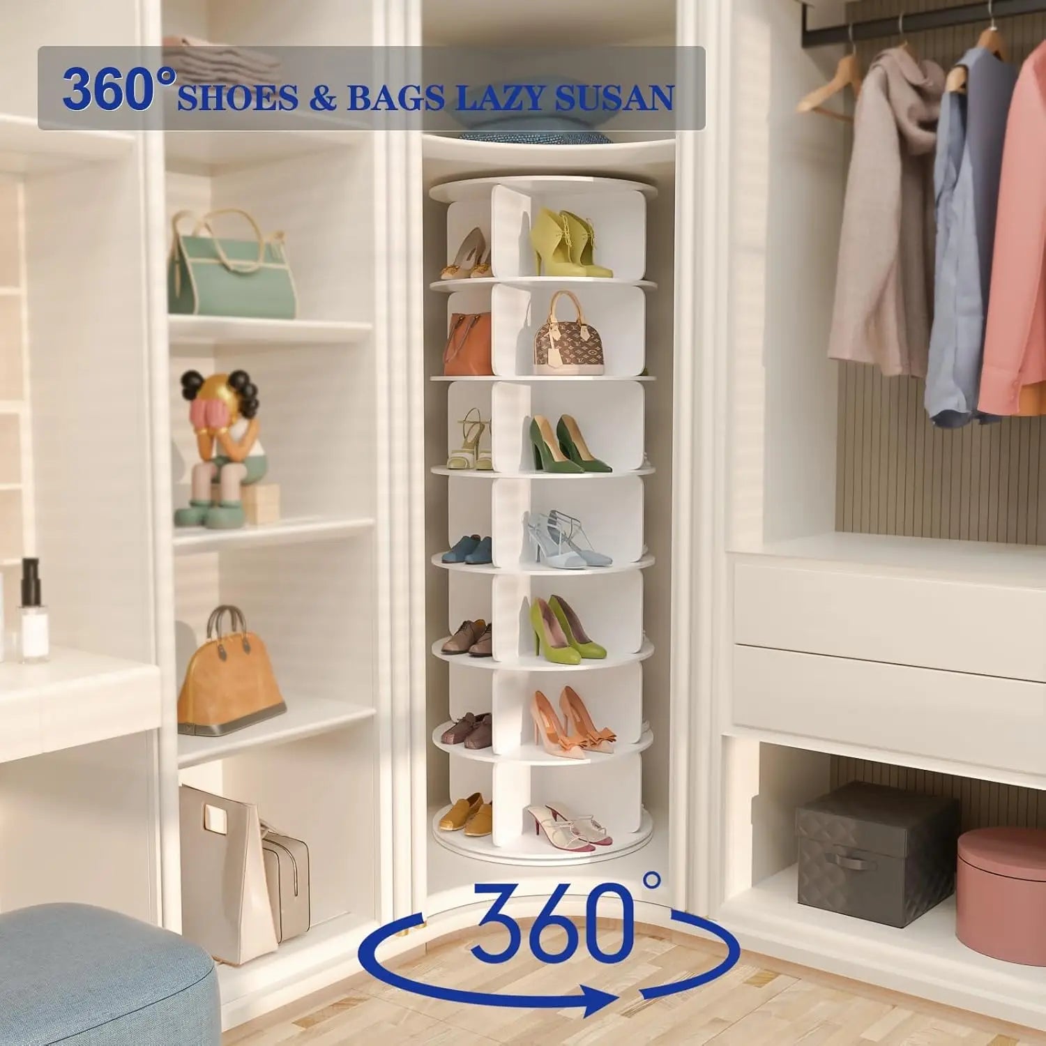 7 Tier Rotating Shoe Rack Tower, Free Standing 360° Shoe organizer Lazy Susan, Bag Display Rack Storage Round, Customized