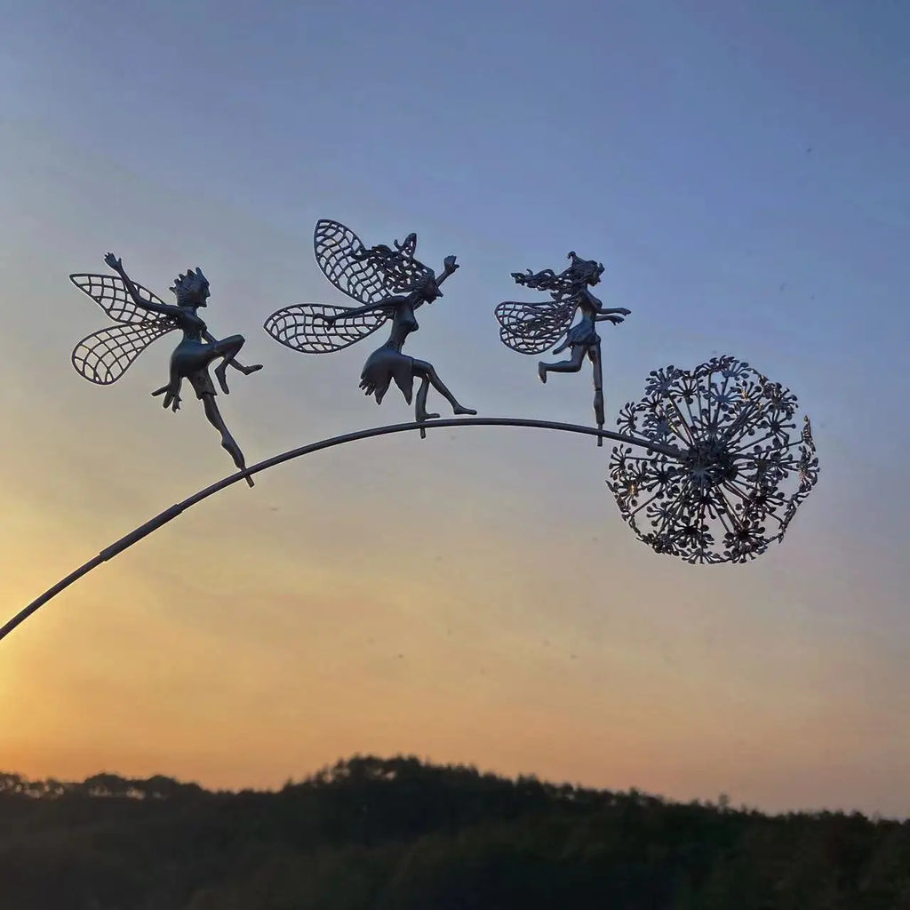 Pixies Fairy Garden Sculptures Stake Fairies and Dandelions Dance Together Landscape Metal Miniature Figurine Lawn Decorative