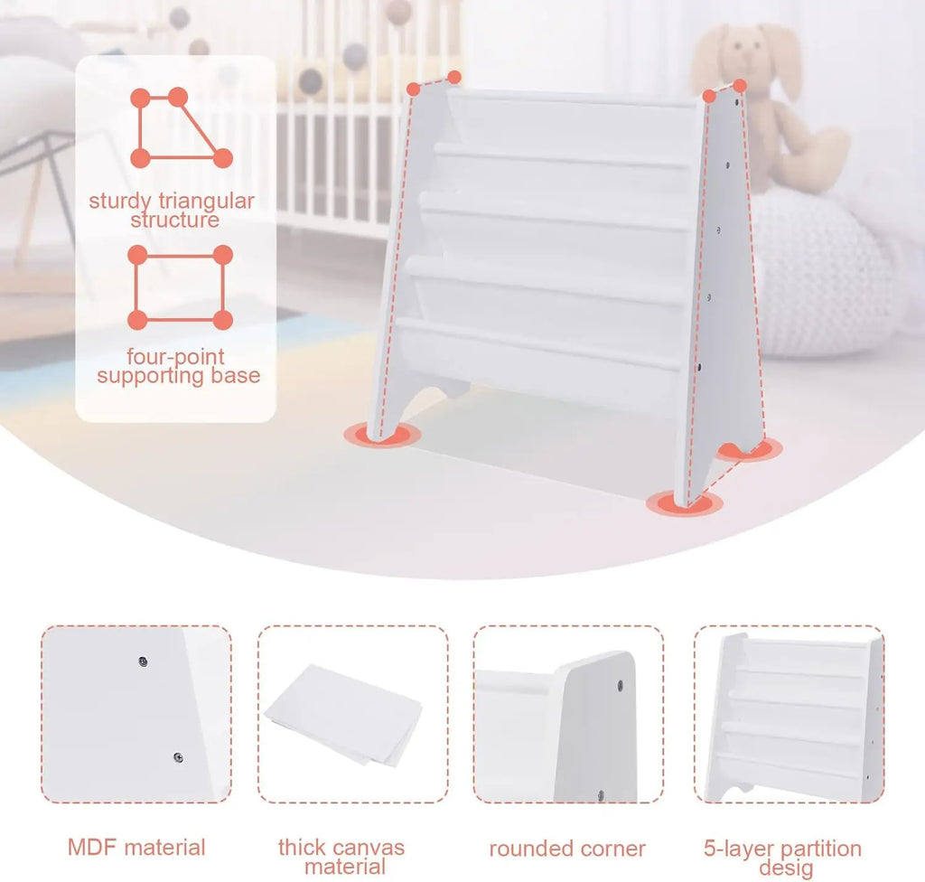 4 Tier Childrens Bookshelf Wooden White Kids Sling Storage Child Bookcase Shelf with Soft Canvas for Book Storage