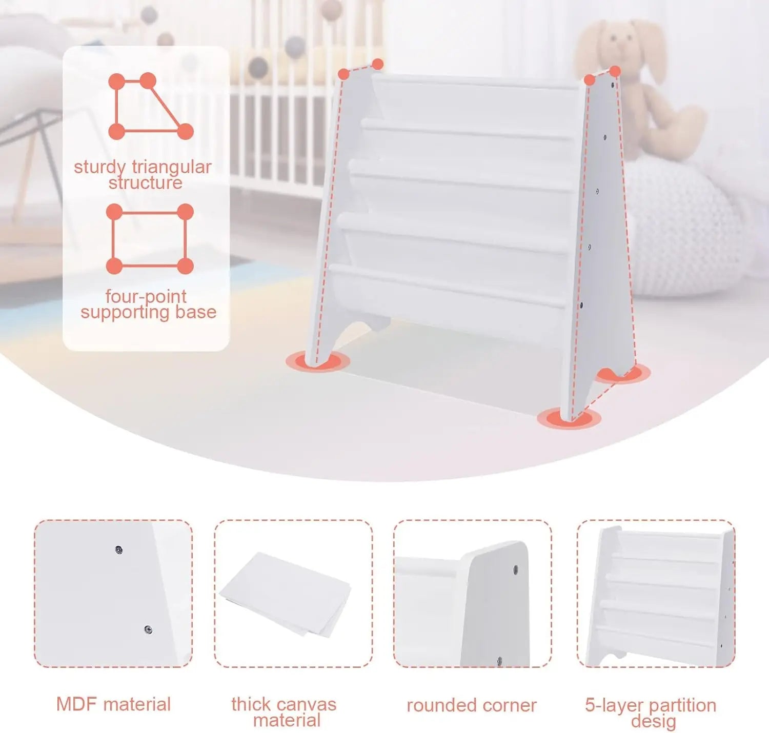 4 Tier Childrens Bookshelf Wooden White Kids Sling Storage Child Bookcase Shelf with Soft Canvas for Book Storage