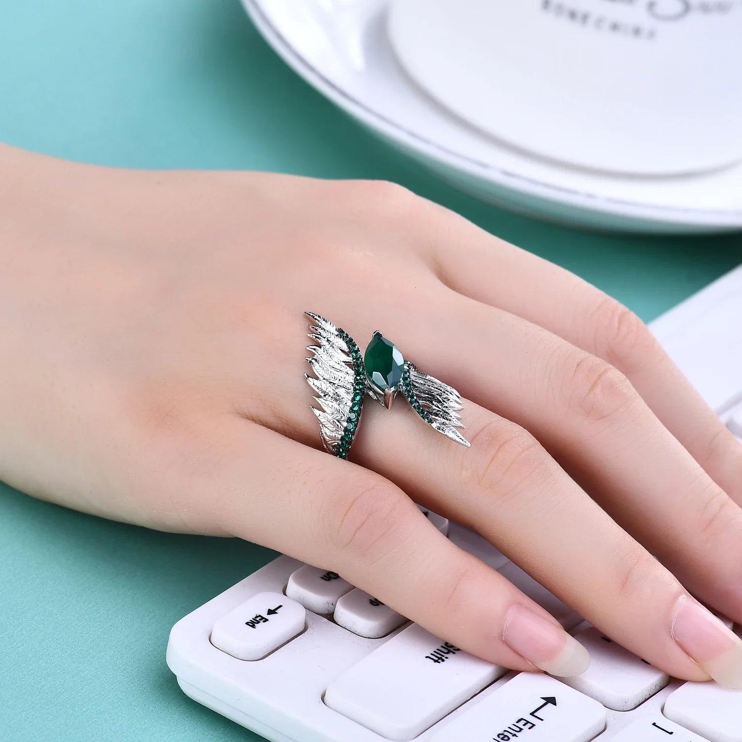 GEM'S BALLET Indian Style 925 Sterling Silver Female Rings For Women Green Agate Feather Finger Ring Sterling Silver Jewelry