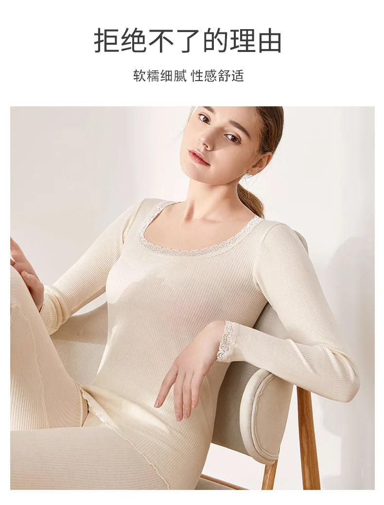 Autumn and Winter Mulberry Silk Women's Warm Underwear Round Neck Silk Lace Edge Long Sleeve Bottom Shirt Slim Fit