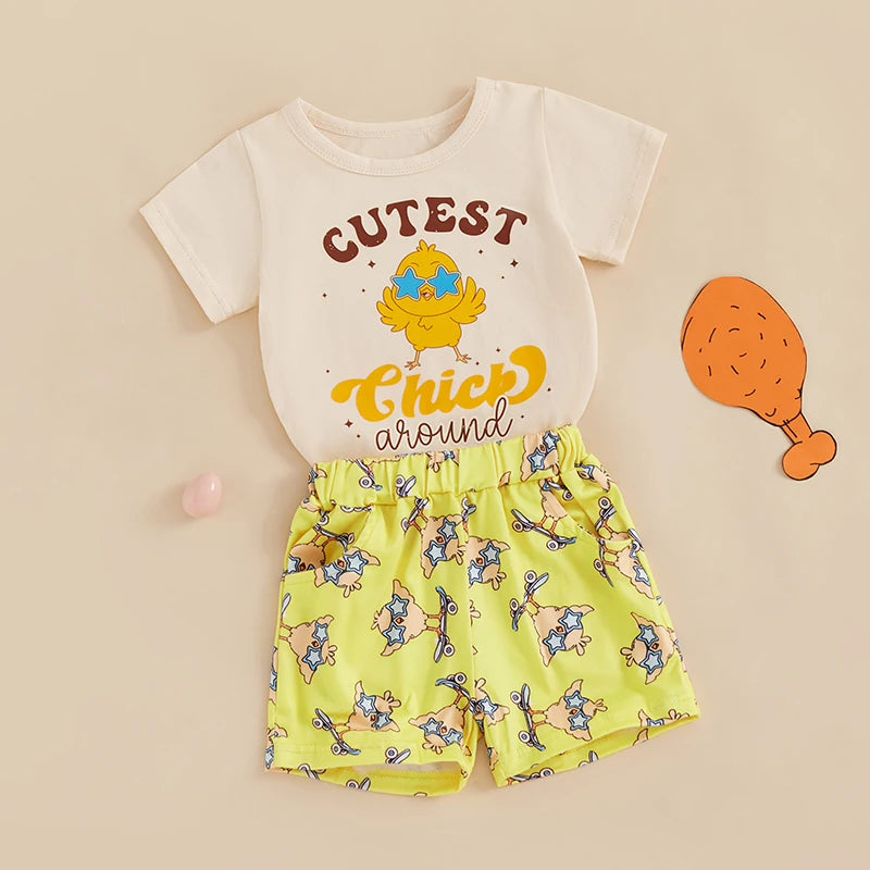 Baby Easter Outfit Bunny Print Short Sleeve Shirt and Shorts Set with Elastic Waistband for Comfort