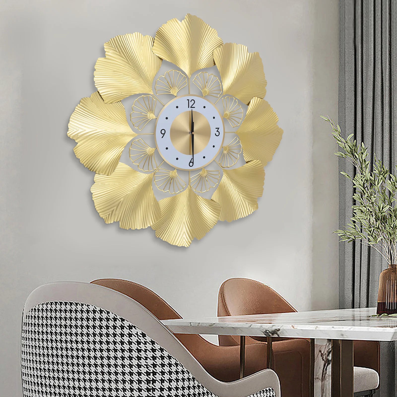 Ginkgo Wall Clock 3D Creative Ginkgo Wall Clock Golden Dial Design Silent Scanning Second Movement Digital Display Study Office