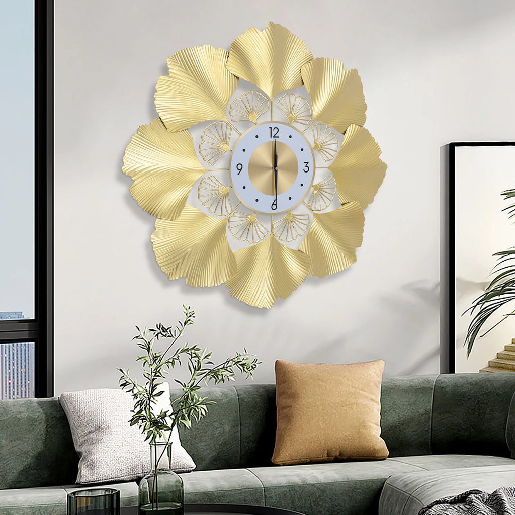 Ginkgo Wall Clock 3D Creative Ginkgo Wall Clock Golden Dial Design Silent Scanning Second Movement Digital Display Study Office