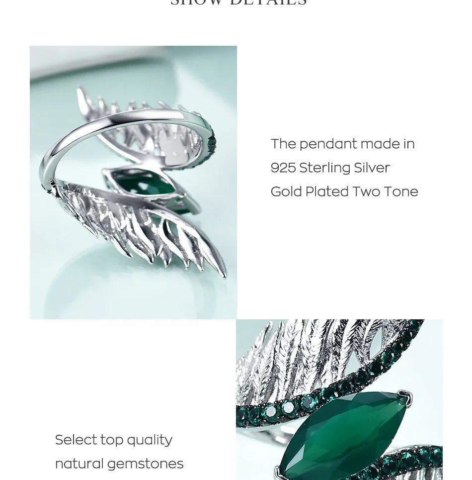 GEM'S BALLET Indian Style 925 Sterling Silver Female Rings For Women Green Agate Feather Finger Ring Sterling Silver Jewelry