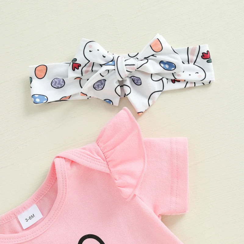 Adorable Baby Girl Easter Outfit Set with Letter Print Romper Bunny Print Pants and Matching Headband - 3 Piece Ensemble