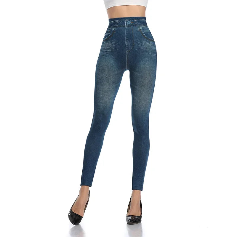 Push Up Seamless High Waist Faux Denim Leggings Women Casual Elastic Pocket Jeans Print Pants Skinny Pencil Leggins Mujer