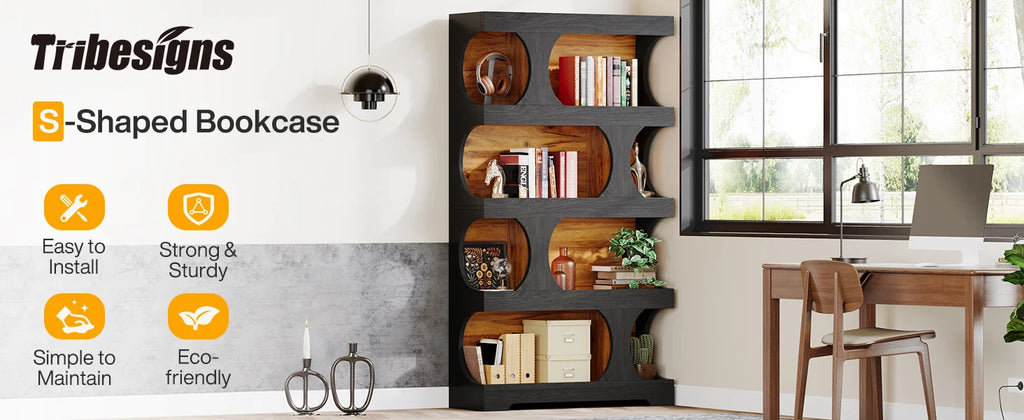 Tribesigns 71" Tall Bookcase, 4-Tier S-Shaped Bookshelf, Wood Decorative Storage Shelving, Modern Freestanding Display Shelves