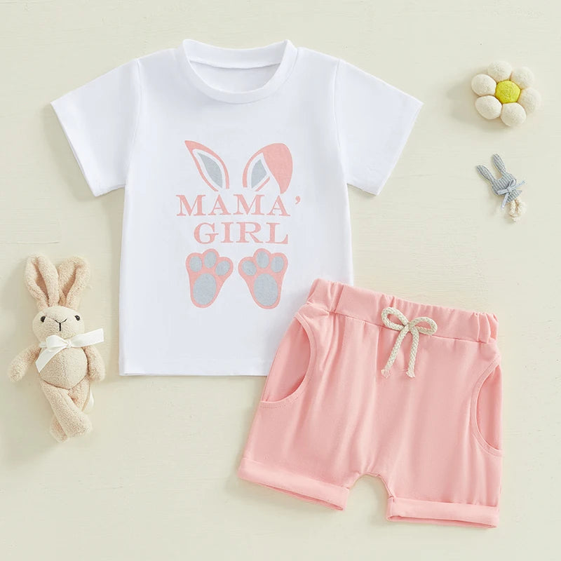 Easter Bunny Romper Set with Rabbit Print Short Sleeve Round Neck Bodysuit and Elastic Waistband Shorts for Infant Boys and