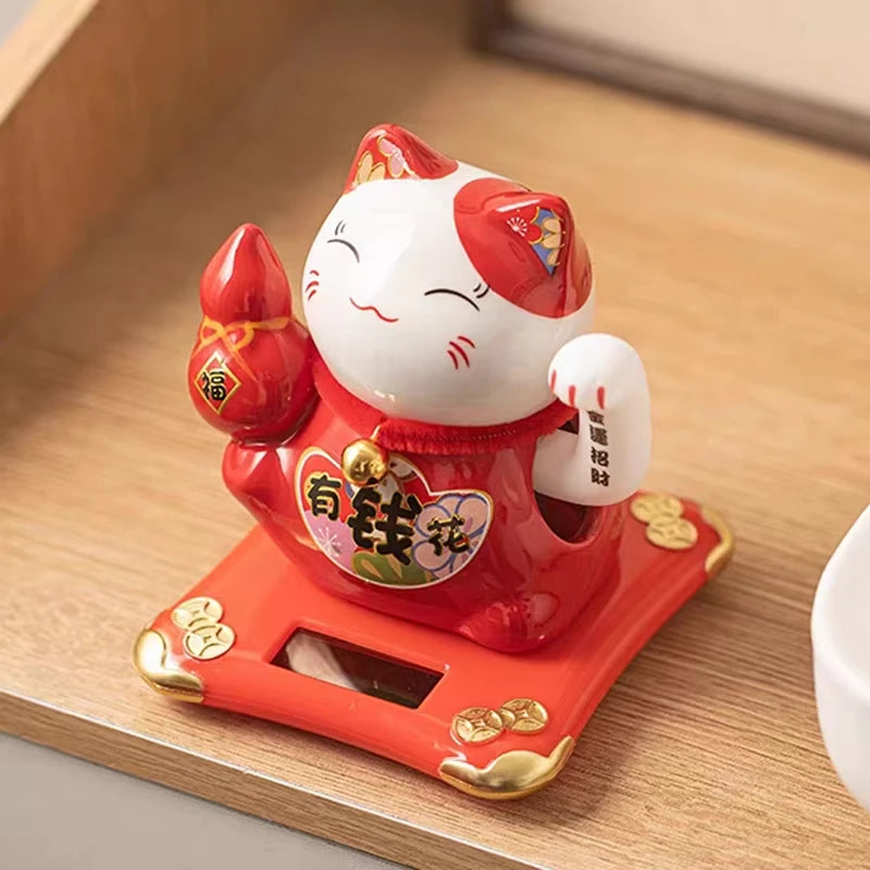 4.3 Inch Solar Powered Waving Ceramic Maneki-neko Lucky Beckoning Cat for Wealth Fortune, Home Office Decor, Gift for Prosperity